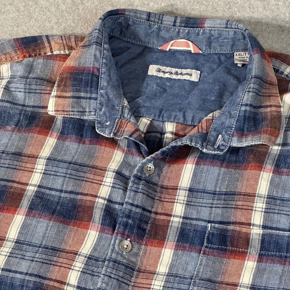 Tommy Bahama Mens XXL Blue Orange Plaid Cotton Short Sleeve Button Down Shirt